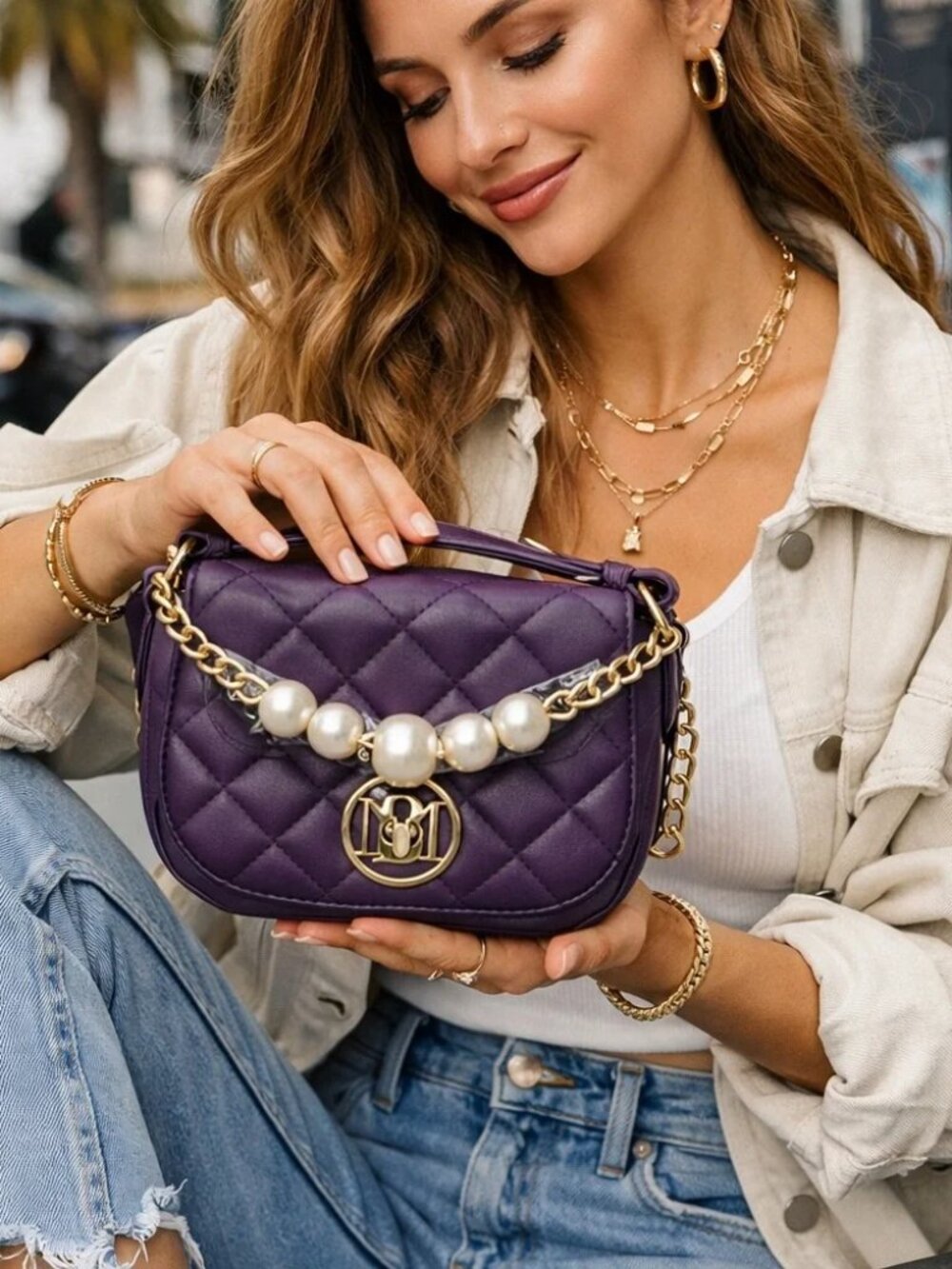 Badgley Mischka Quilted Pearl Chain Mini Shoulder Bag Purple - Picture 1 of 4